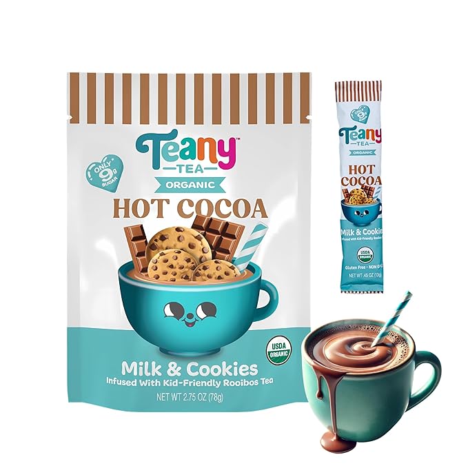 Teany Tea Organic Milk & Cookies Hot Cocoa - Everyday Hot Cocoa, Delicious, Kid Friendly, Tea Infused, Bedtime Dessert, Travel Ready, Hot Cocoa On The Go, 6 Individual Sticks Per Pouch