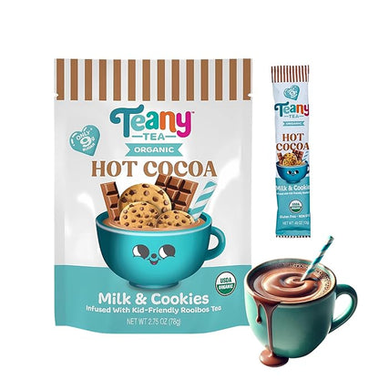 Teany Tea Organic Milk & Cookies Hot Cocoa - Everyday Hot Cocoa, Delicious, Kid Friendly, Tea Infused, Bedtime Dessert, Travel Ready, Hot Cocoa On The Go, 6 Individual Sticks Per Pouch