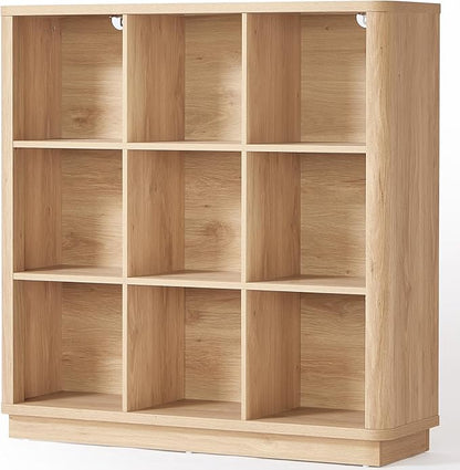 9 Cube Storage Book Shelf, 41" Tall Organizer Bookshelf with Curved Edge, Floor Standing 3-Tier Wood Cubby Bookcase with Base, Modern Display Book Case for Living Room, Home Office,Natural Oak