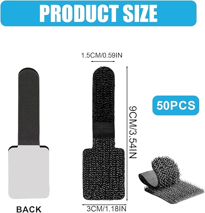 Self-Adhesive Velcro Cable Ties, Reusable Fastening and Data Cable Organizer,Cable Management Ties, Suitable for Headphones, Mobile Phones, and Electronic Devices Under The Table（50 Pcs）
