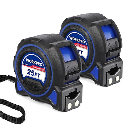 WORKPRO Heavy Duty Tape Measure, 2 Pcs 25FT Retractable Tape Measurement, Double Retract Long Stand Measuring Tape Accuracy 1/32 for Engineer, with Magnetic Hook, Belt Clip, Rubber Protective Casing