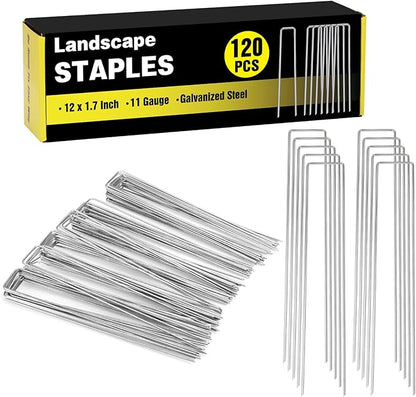 HongWay 120 Pack 12 Inch Landscape Staples, Garden Stakes 11 Gauge Galvanized Ground Staples Lawn Yard Tent Fence Stakes Landscaping Fabric Pins for Gardening Secure Outdoor Decorations