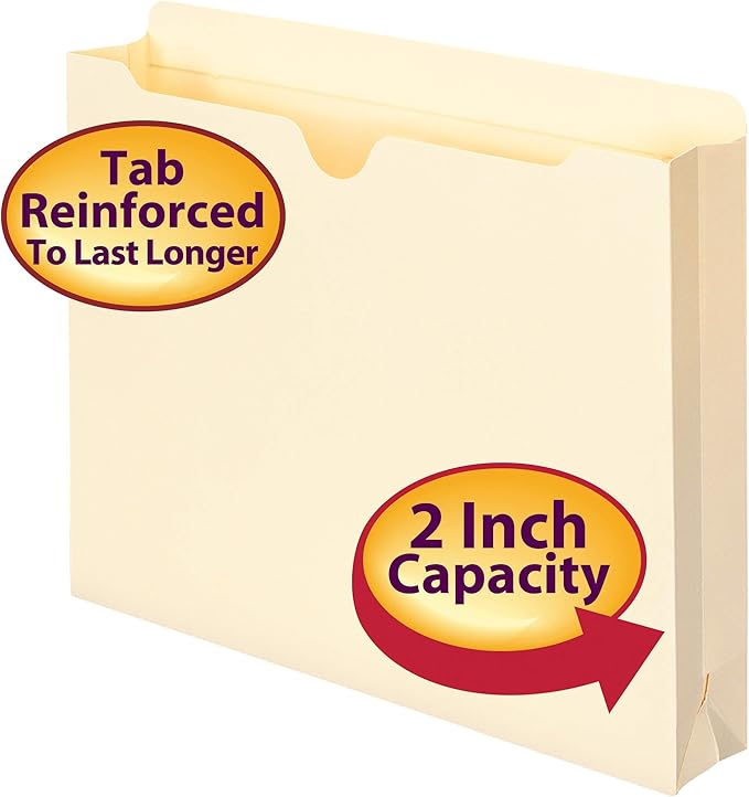 Smead File Jackets Letter Size for File Folders, Reinforced Straight-Cut Tab, 2" Expansion, Letter Size, Manila, 100 Per Box (75565)