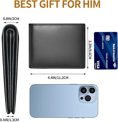 Genuine Leather Mens Wallet, RFID Blocking Bifold Wallet for Men with ID Window, 11 Credit Card Slots (Black)