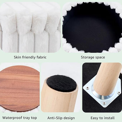 Wimarsbon Storage Ottoman,Soft Faux Fur Footstool with Padded Seat, Small Reading Vanity Chair, Footrest with Wood Tray for Couch, Mini Coffee Table or Display Stand (Cream, Round Storage)