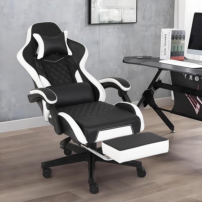 Gaming Chair, Computer Gaming Chairs with Footrest, Linkage Armrests and Lumbar Support, High Back Ergonomic Office Chair for Adults, Big and Tall Desk Chair(Blackwhite)