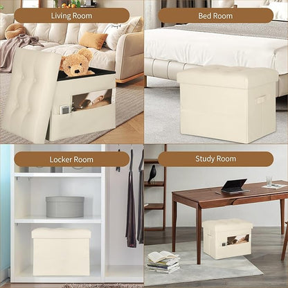 Storage Ottoman Foot Rest Stool, Folding Leather Footstool Bench with Thicker Foam Padded Seat. Short Foot Stool Ottoman with Storage for Living Room Bedroom 350 lbs, 17x13x13in, Beige