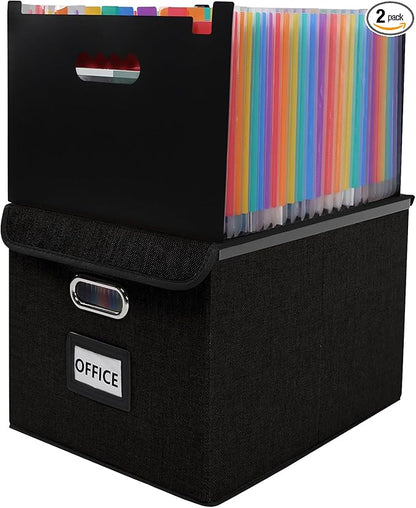 File Organizer Box with Folder, 25 Pockets Accordion File Organizer with Colored Labels, Upgraded & Portable File Folders for Home, Office, School, Black
