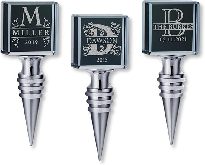 Personalized Crystal Wine Stopper - Custom Engraved Initial, Name & Date - 3D Glass Bottle Stopper with 6 Design Options - Square, Included Gift Box