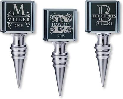 Personalized Crystal Wine Stopper - Custom Engraved Initial, Name & Date - 3D Glass Bottle Stopper with 6 Design Options - Square, Included Gift Box