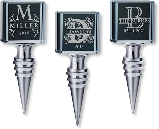 Personalized Crystal Wine Stopper - Custom Engraved Initial, Name & Date - 3D Glass Bottle Stopper with 6 Design Options - Square, Included Gift Box
