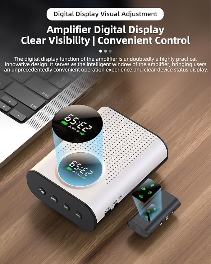 Rechargeable Voice Amplifier Wireless Microphone for Teachers Classroom, Mini Lavalier Lapel Mic Clip Magnetic, Portable Bluetooth Speaker with LED Display for Class, Tour Guide, Coaches, White