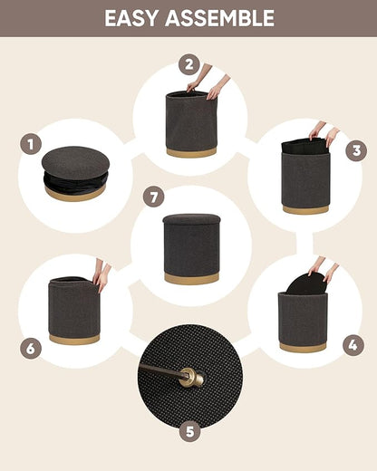 B FSOBEIIALEO Ottoman with Stroage, Round Boucle Storage Ottoman with Gold Plating Base,Foot Rest Stool for Dorm Room, Living Room Dark Grey, 14.76"x14.76"x16.34"