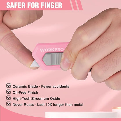 WORKPRO Ceramic Small Safety Box Cutter, Automatic Rebound Mini Letter Opener, Quick Change Retractable Blade Razor Knife, with Extra Blades