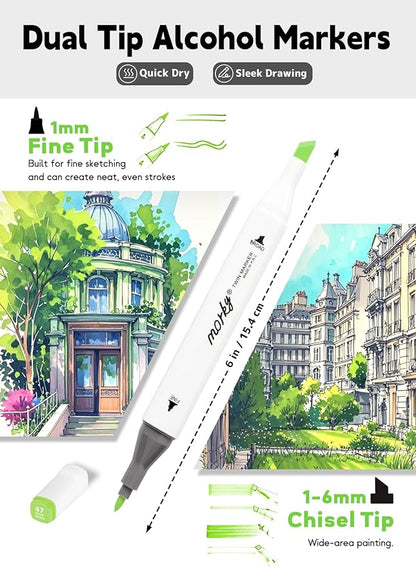 120 Colors Alcohol Markers with Free App, Chisel & Fine Tip Alcohol-Based Marker Set for Adults, Dual Tip Artist Markers for Drawing, Coloring Illustration, Painting and Great Gift Idea