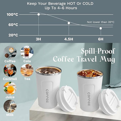 YINBAOGE Insulated Travel Coffee Mug, Spill & Leak Proof, Portable To Go Camping Stainless Steel Coffee Tumbler, Reusable Thermal Coffee Cup with Lid for Hot & Cold Drinks (2nd-White, 17 OZ)