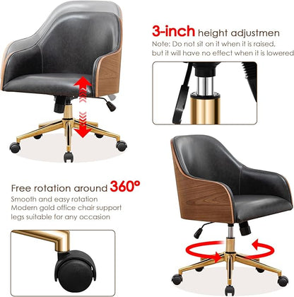 Genuine Leather Office Desk Chair, Adjustable Height Small Modern Comfortable Walnut Vanity Chair, Gold Legs Mid Back 360 Swivel for Home Office, Bedroom, Study, Meeting Room(Vintage Black)