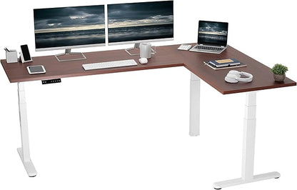 VIVO Electric 78 x 55 inch Square Corner Memory L Shaped Stand Up Desk, Dark Walnut Table Top, White Frame, Corner Height Adjustable Workstation, 3E-S Series, DESK-KIT-3E5SWD