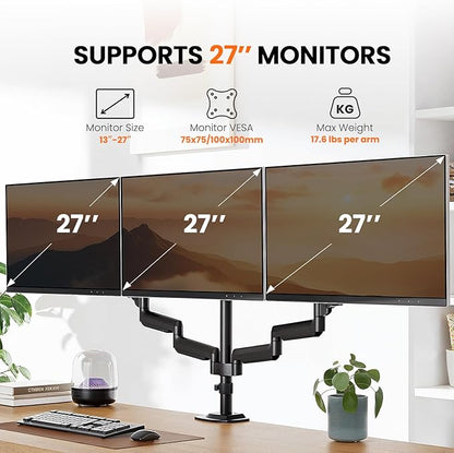 ErGear Triple Monitor Mount for 13-27 inch Screens, Premium Aluminum Triple Monitors Stand up to 17.6 lbs, Sturdy 3 Monitor Desk Mount with Swivel, Tilt, Rotation, Max VESA 100x100mm