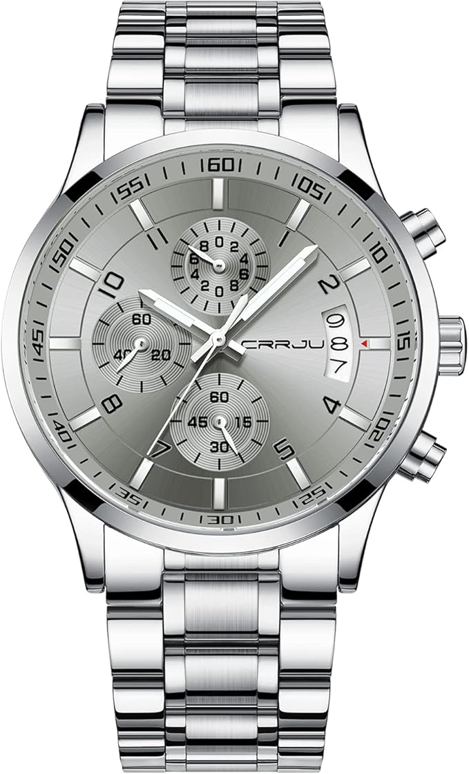 CRRJU Men's Fashion Stainless Steel Watches Date Waterproof Chronograph Wristwatches,Black Steel Band Waterproof Quartz Watch for Men