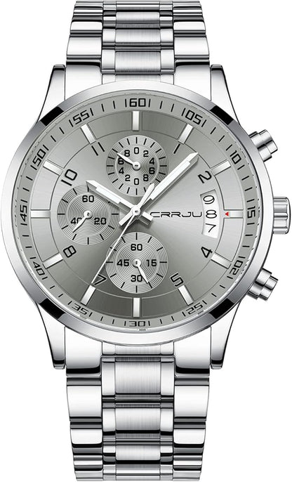 CRRJU Men's Fashion Stainless Steel Watches Date Waterproof Chronograph Wristwatches,Black Steel Band Waterproof Quartz Watch for Men