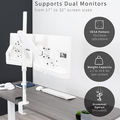 VIVO Dual Monitor Arm Extra Tall Mount for Screens up to 32 inches, Pneumatic Height Adjustment, Full Articulating Heavy Duty VESA Stand with Desk C-clamp and Grommet, White, STAND-V012KW