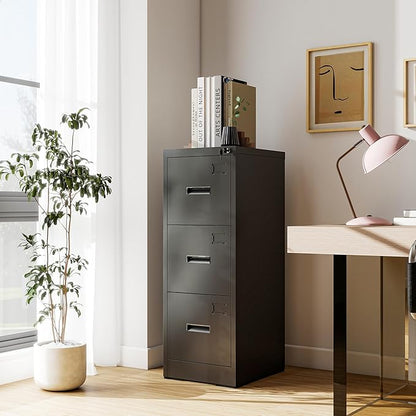 3-Drawer Locking Vertical File Cabinet, Metal Storage Cabinet for Office/Home – Secure Vertical Filing for Letter/Legal/A4/F4 Documents, Easy to Assemble Steel Cabinet, Black