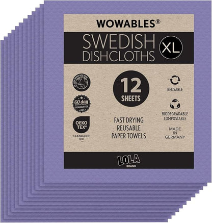 LOLA Wowables XL Swedish Dishcloths, 12 Reusable Eco Cleaning Cloths, 11" x 10", Ultra Absorbent Cellulose Sponge Towel, Compostable, Made in Germany