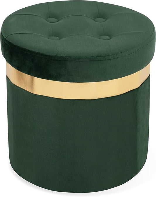 Small Ottoman with Storage,Folding Round Ottoman with Gold Trim,Velvet Storage Stool,Foot Stool with Soft Padded,Foot Rest for Living Room13“x13”x12.4(Green,1pcs)