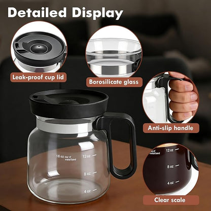Mini Coffee Pot Mug with Lid,16Oz Glass Coffee Pot Coffee Mugs,Spill-Proof & Heatproof Coffee Pot Cup Gifts for Coffee Lovers (1Pcs)