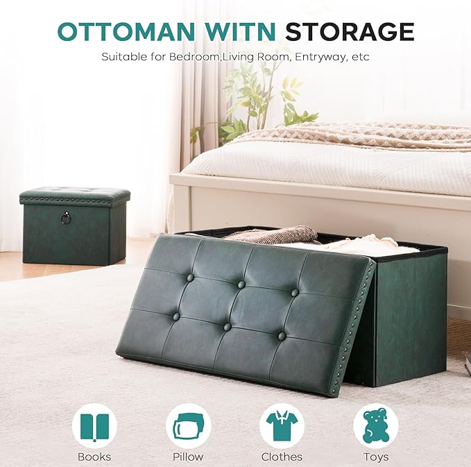 Folding Storage Ottoman, Small Faux Leather Foot Rest Stool with Rivet Design, 16 x 12 x12 Inches Ottoman with Storage Vanity Stool Coffee Table for Living Room, Bedroom, Load 242 lbs, Green