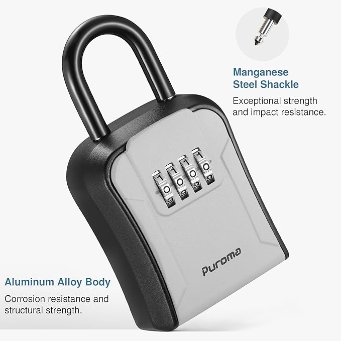 Puroma Lock Box for Keys with Code, Portable Wall-Mounted Storage Resettable Combination Key Lockbox, Outside Safe Security Box for House, Apartment, Office Key Storage (1 Pack,Gray)