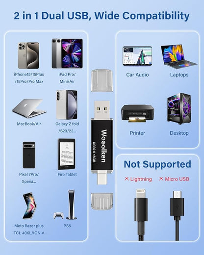 USB C Flash Drive 32GB 10 Pack, Wooolken Type-C Flash Drive + USB 2.0 Thumb Drive OTG Thumb Drive Compatible with iPhone 16/15, Android Smartphone/Tablets/Computers