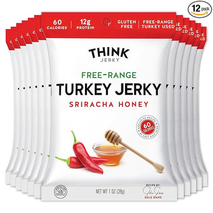 Think Jerky Sriracha Honey Turkey Jerky, High Protein Free-Range Turkey, Gluten Free, No Antibiotics or Nitrates, Healthy Chef Crafted Recipe, Low Calorie and Low Fat - 1.0 oz Bags, 12 Pack