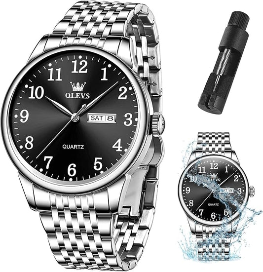 OLEVS Mens Watch Stainless Steel Analog Quartz Watches for Men Day Date Easy Read Diamond Waterproof Dress Luxury Classic Casual Big Face Blue/Black/Gold/Silver Roman Arabic Numerals Men's Wrist Watch