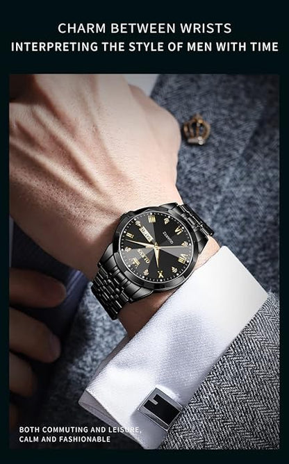 OLEVS Mens Watch Stainless Steel Analog Quartz Watches for Men Day Date Easy Read Diamond Waterproof Dress Luxury Classic Casual Big Face Blue/Black/Gold/Silver Roman Arabic Numerals Men's Wrist Watch