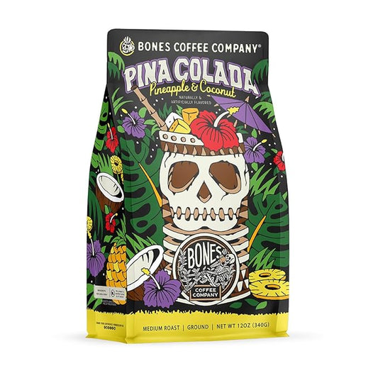 Bones Coffee Company Pina Colada, Pineapple and Coconut Flavored Coffee, Medium Roast Low Acid Arabica Beans Compatible with Auto drip and French Press Coffee Maker, 12 Oz Ground