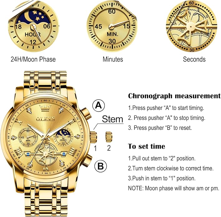 OLEVS Men Watches Stainless Steel Chronograph Watch, Large Wrist Analog Quartz Watch, Fashion Waterproof Diamond Roman Numerals Dress Watches for Men, Gold/Black/White/Blue/Grey Dial