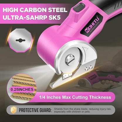 Cordless Electric Scissors: 4V Rechargeable Rotary Cardboard Cutter, 3000mAh Battery, with LED Light, 2 Blades, Box Cutter for Fabric Carpet Carton Plastic Leather Cloth (Pink)