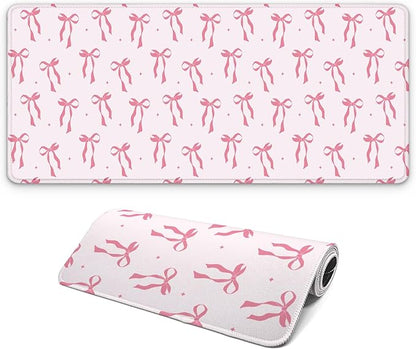 Large Computer Mouse Pad with Non-Slip Base for Desktop, Cute Gaming Mouse Mat with Stitched Edges, Long Extended Anime Mousepad for Laptop, 31.5 x 11.8 inches (Pink Ribbon Bow)