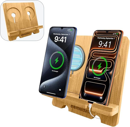 Bamboo Dual Cell Phone Holder for iPhone/iPad, Wood Wireless Charging Station Tablet Holder Nightstand, Double Phone Holder Desktop Stand for iPhone 17/16/15/14/13/12/11 Series and Android