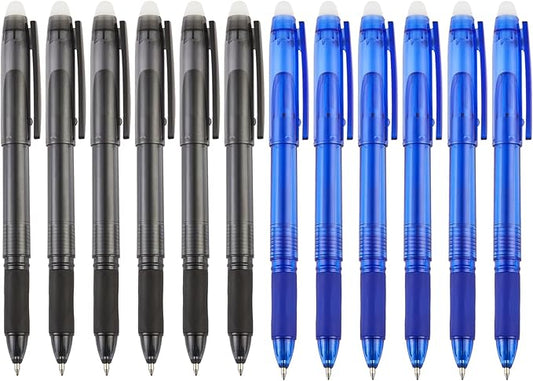 Volcanics Erasable Gel Pens, 0.7mm Fine Point Gel Erasable Ink Pens with Eraser - Rocket Book Pens, Black and Blue, 12 Pack, Smooth Writing Pens Pencil-Like Precision for Home School & Office