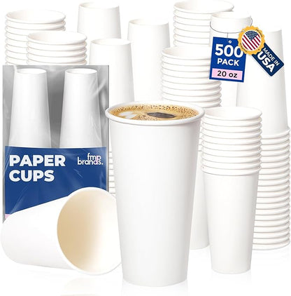 Fit Meal Prep 500 Pack 20 oz Disposable Paper Coffee Cups, Premium White Hot Cups for Hot/Cold Beverage, Durable Thickened Paper Cup Bulk for Party, Office, Bussines, Home, Bistros, Events
