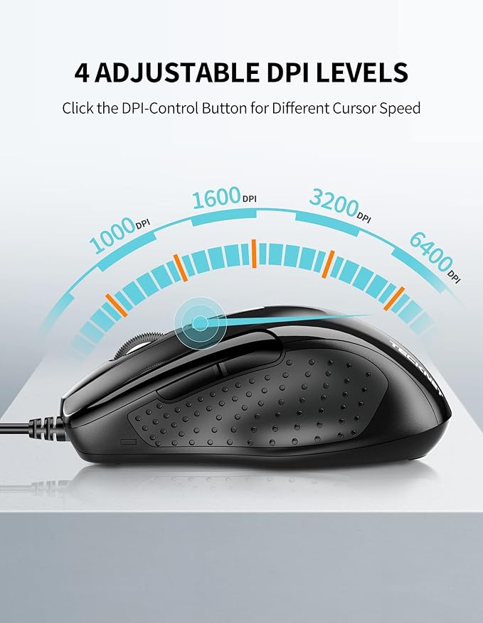 TECKNET USB Wired Mouse, 6-Button Corded Computer Mouse with 4 Adjustable DPI, Optical Computer Mice with Ergonomic Design and 5FT Cord for Laptop, Chromebook, PC, Desktop, Mac, Notebook-Black