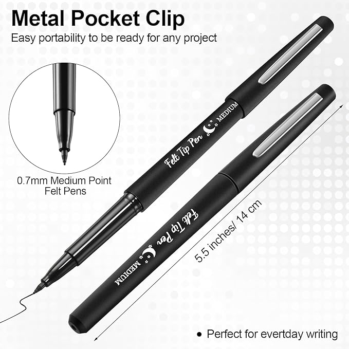 36 Pcs Felt Tip Pens 0.7mm Medium Point Colored Felt Tip Pens for Journaling Planner Writing Note-taking Art Office and School Supplies(Black)