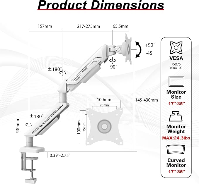 Monitor Arm, Gas Spring Monitor Stand for 17-35 Inch Screens up to 24.3 lbs, Adjustable Mount with C-Clamp & Grommet Base, Ergonomic Computer Monitor Mount (Single Arm White)