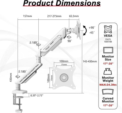 Monitor Arm, Gas Spring Monitor Stand for 17-35 Inch Screens up to 24.3 lbs, Adjustable Mount with C-Clamp & Grommet Base, Ergonomic Computer Monitor Mount (Single Arm White)