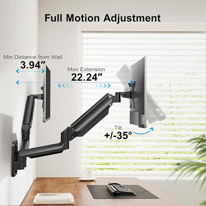 HUANUO Dual Monitor Wall Mount for 17-32 Inch Computer Screen Mount (4.4-17.6lbs Per Arm) - VESA 75x75/100x100 Height Adjustable Stand for Dual Monitors - Home Office Desk Setup