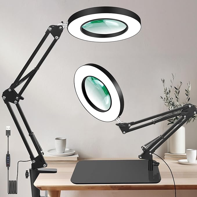 12X Magnifying Glass with Light and Clamp, Real Glass Stand Lighted Magnifier, 5 Color Modes Stepless Dimmable LED Desk Lamp Hands Free for Crafts Hobby Reading Painting Sewing Close Work