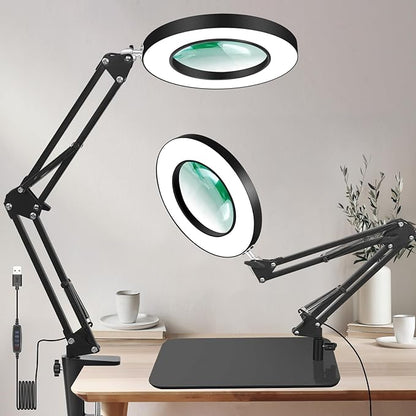 12X Magnifying Glass with Light and Clamp, Real Glass Stand Lighted Magnifier, 5 Color Modes Stepless Dimmable LED Desk Lamp Hands Free for Crafts Hobby Reading Painting Sewing Close Work